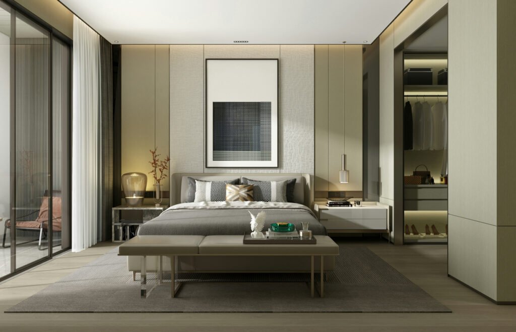 Modern bedroom with wooden wall panelling and a built-in walk-in wardrobe