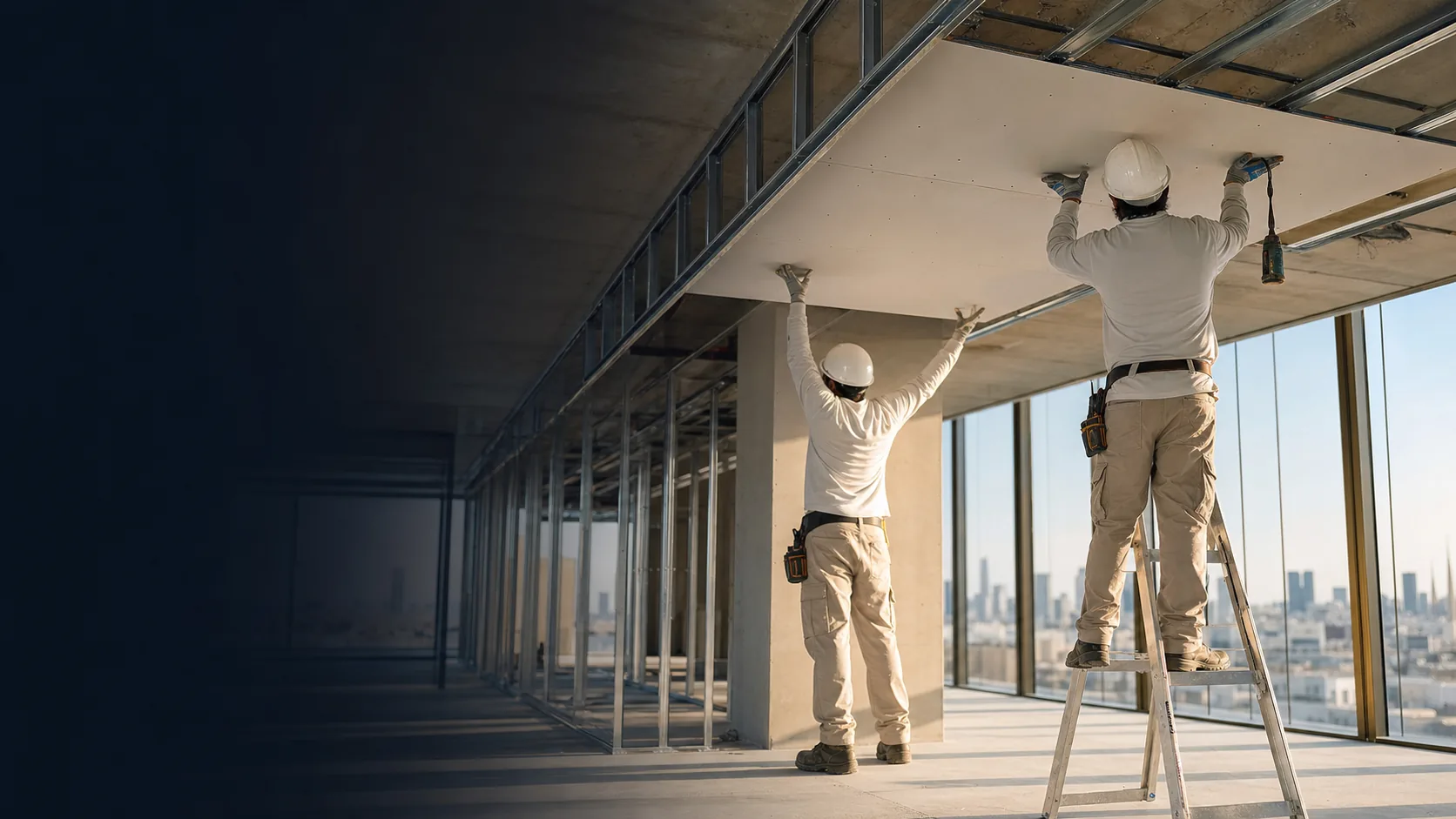 Professional gypsum board ceiling installation by AAKCM technicians in Saudi Arabia
