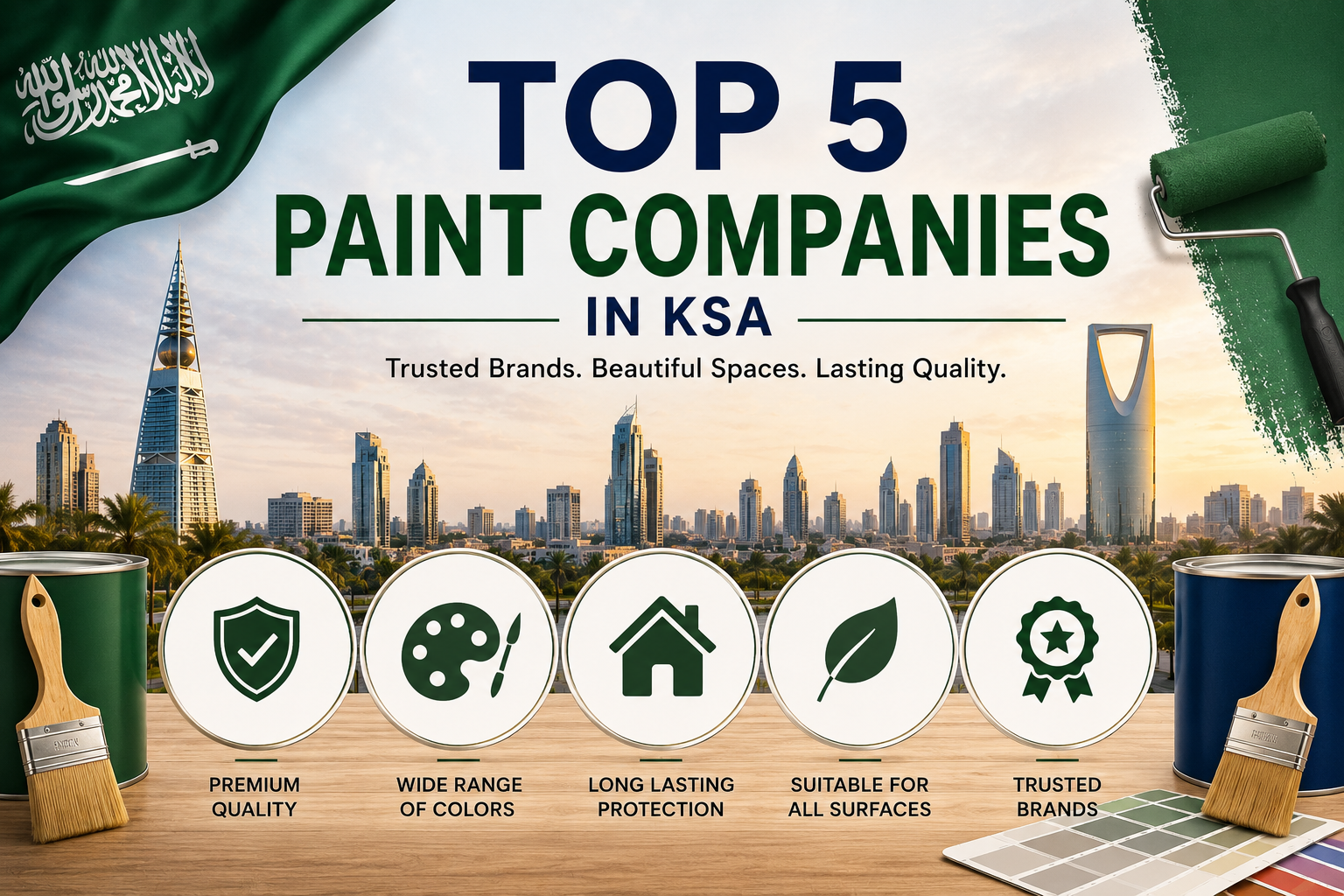 Top five paint companies in Saudi Arabia guide with Riyadh skyline and painting tools