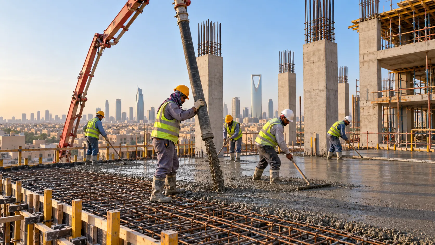 Concrete slab pour on a reinforced concrete building site in Riyadh