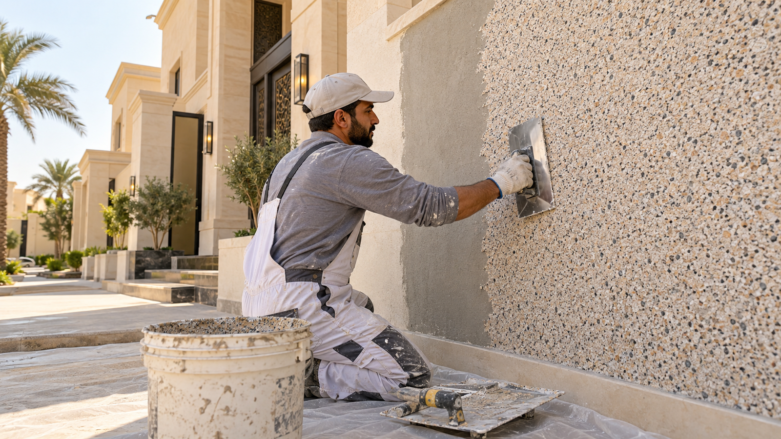 AAKCM applicator trowelling a decorative stone coating on a villa facade in Saudi Arabia