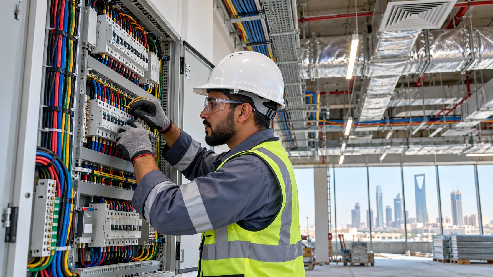 Electrician wiring a distribution board in a commercial building in Saudi Arabia