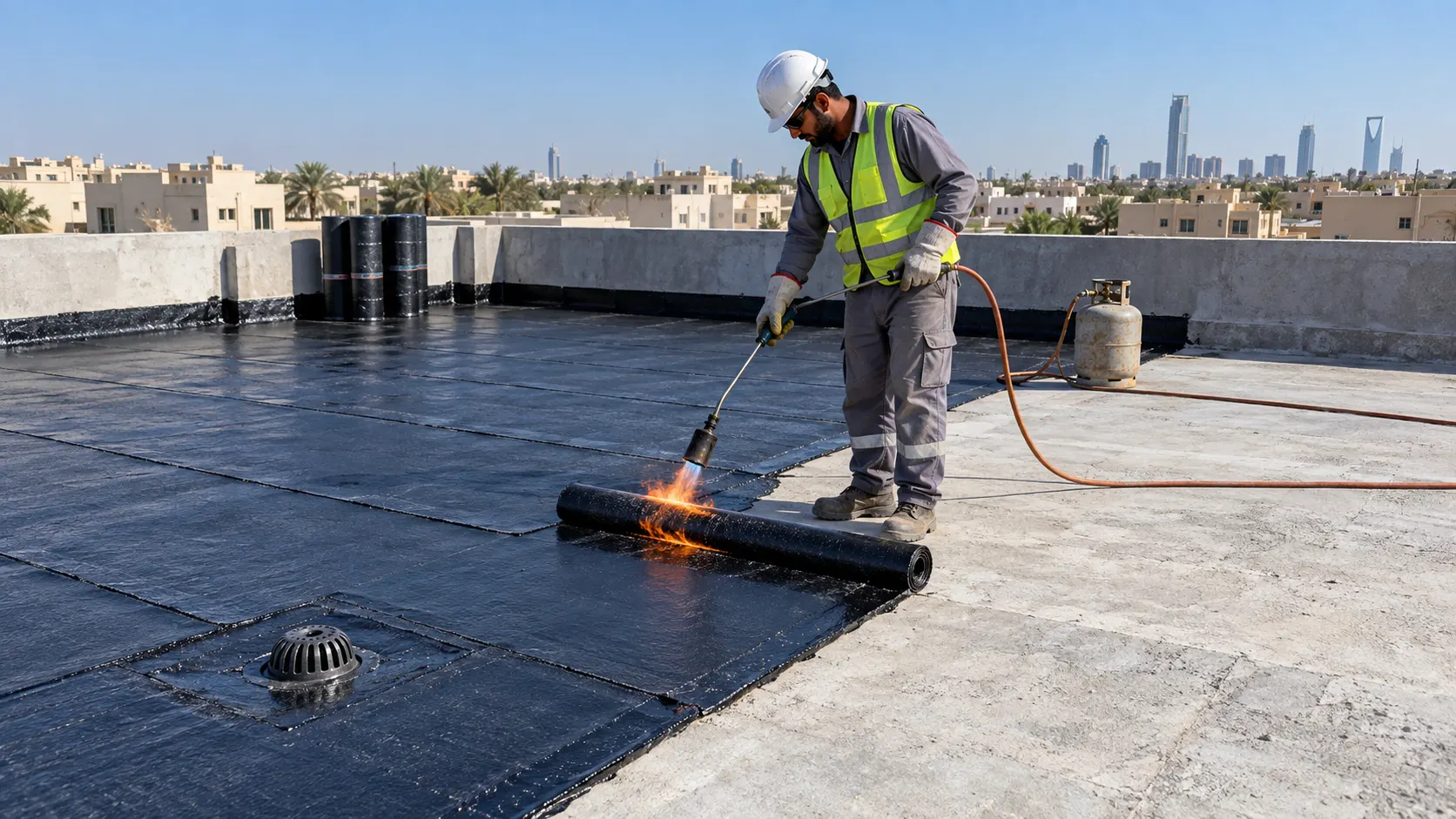 Torch-applied bitumen roof waterproofing membrane on a villa roof in Saudi Arabia