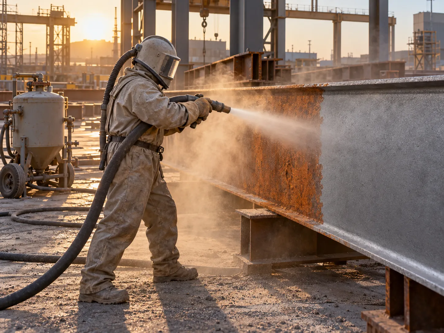 Sandblasting services removing rust from structural steel in Saudi Arabia