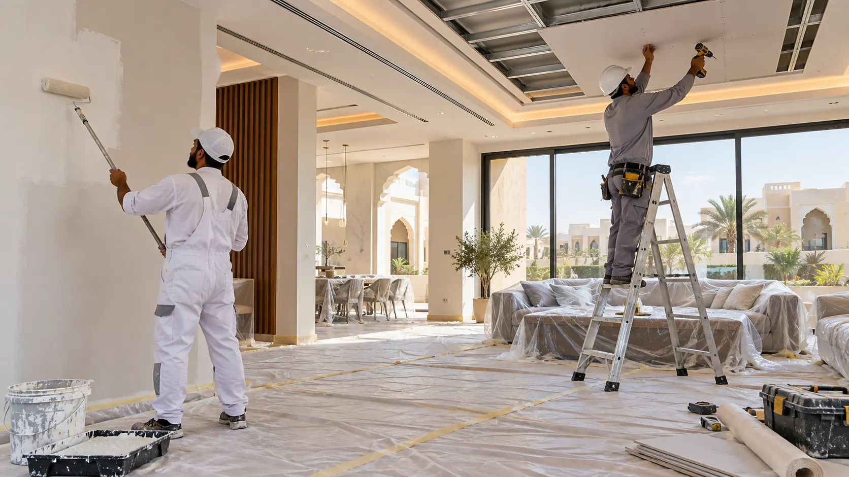 Villa renovation team painting walls and installing gypsum ceiling in Saudi Arabia