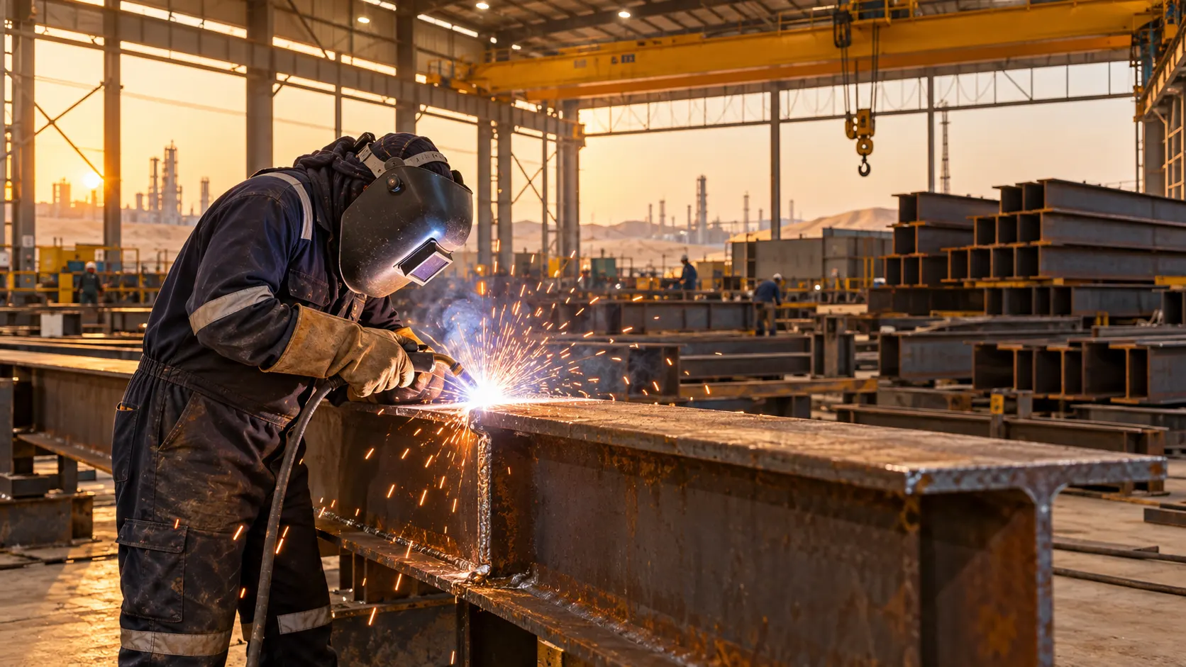 Welder fabricating structural steel beams in Saudi Arabia