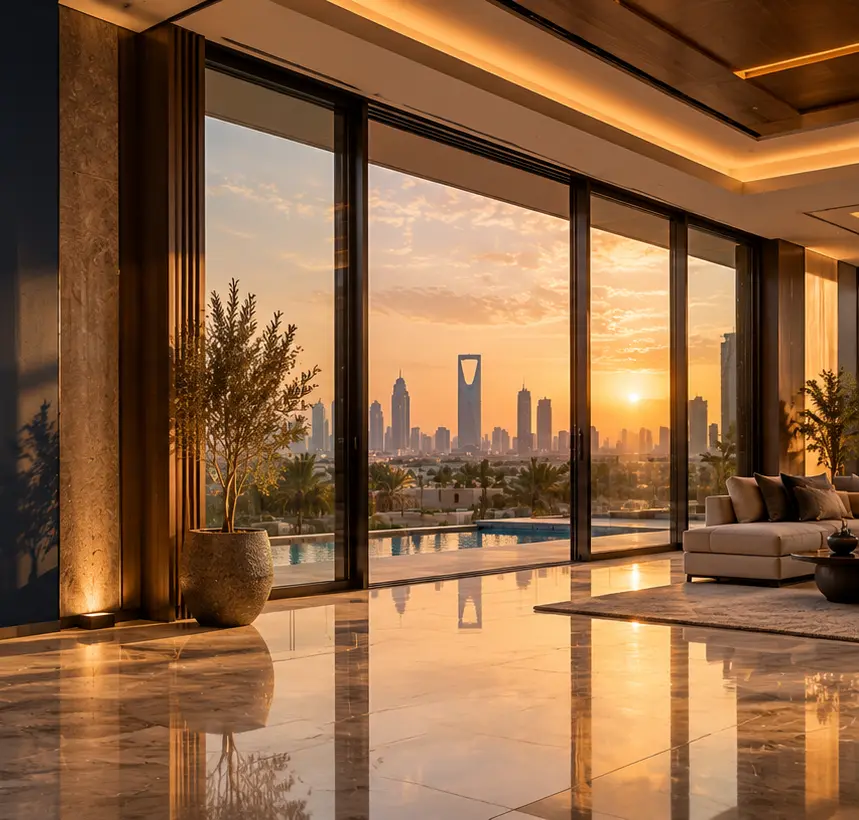 Black aluminium sliding glass doors in a luxury Saudi villa living room