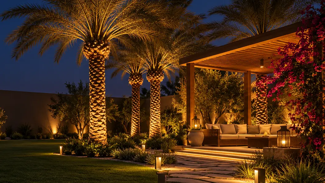 Landscaped garden with uplit palm trees, planting beds and a wooden pergola