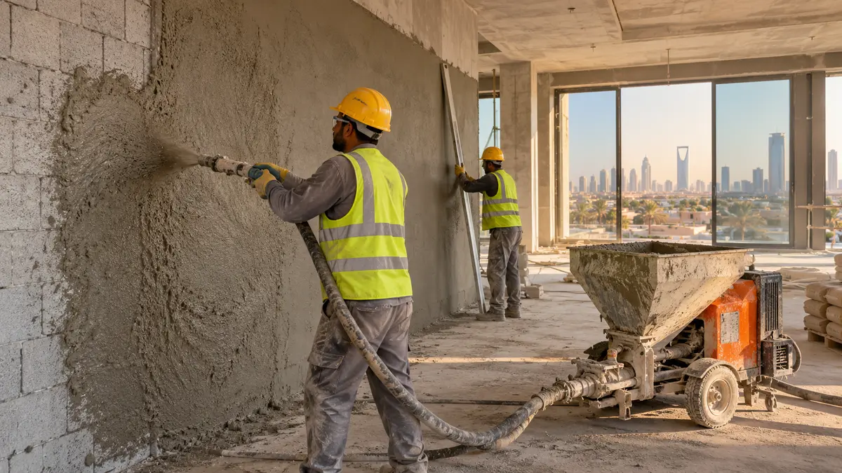 Workers spraying cement plaster with a plaster machine on a block wall in Riyadh