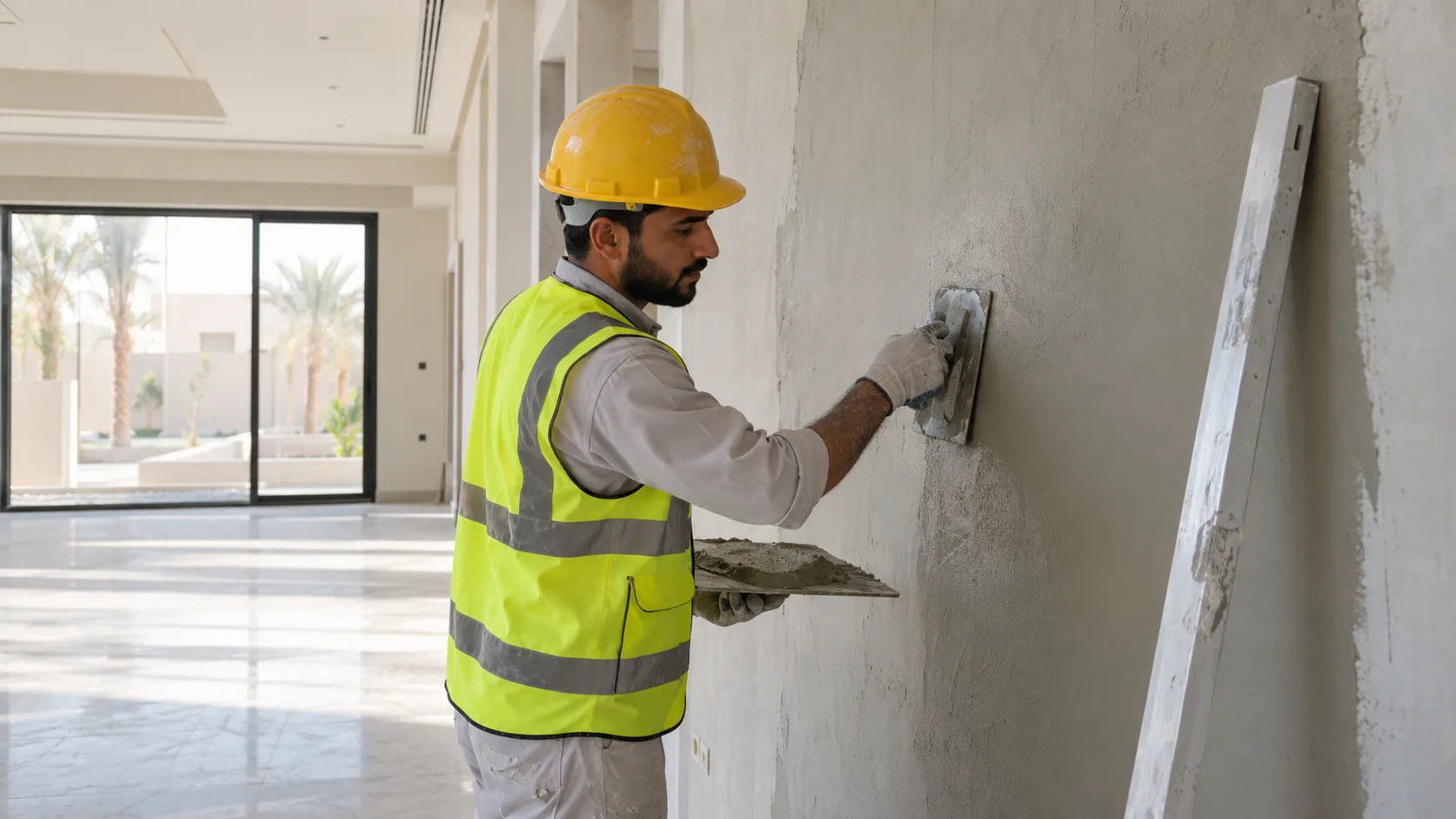 Worker applying cement plaster to an interior villa wall in Saudi Arabia
